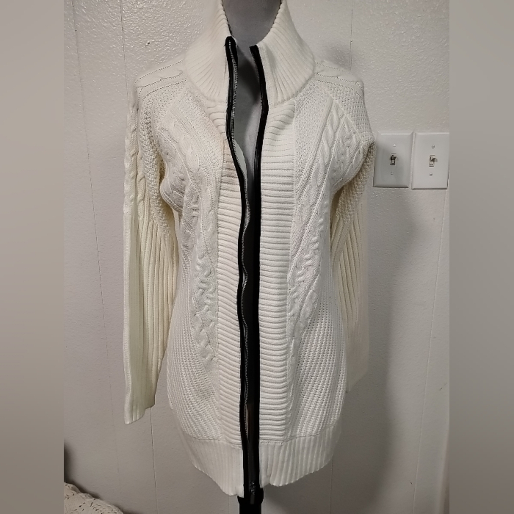 Venus Women’s Med Ivory Cable Knit Faux Leather Trim Full Zip Cardigan Sweater